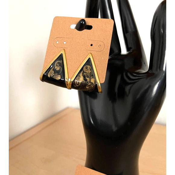 Gold Black Vintage Resin Acrylic Pour Earring Set Lot of 2 Triangle Circle Stud - Picture 5 of 6